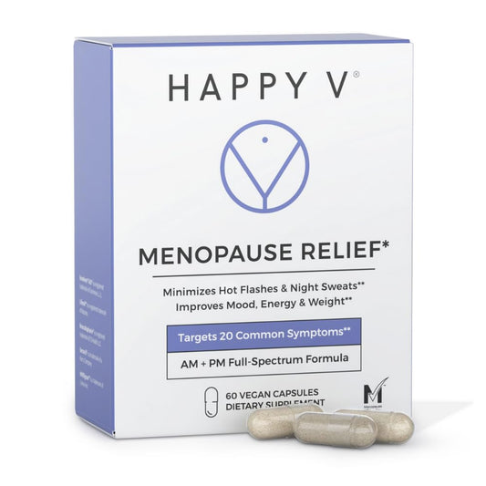 Happy V Menopause Relief Supplement for Women – Hormone Balance, Hot Flash & Night Sweat Support, Mood & Energy Booster, Vaginal Wellness, Perimenopause & Postmenopause Support – 60 Vegan Capsules - NutriGlobal