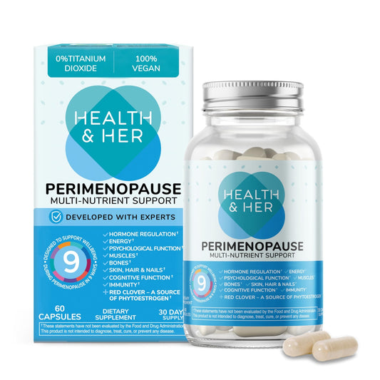Health & Her Perimenopause Supplement for Women – The UK’s No.1 Perimenopause Supplement - Multi-Nutrient Wellbeing Support for Early Stage of Menopause, Vegan, Gluten-Free, Non GMO (60 ct - 1 Month) - NutriGlobal