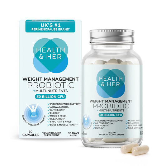 Health & Her Weight Management Probiotics for Women - Perimenopause & Menopause Supplement - Clinically Studied 50bn CFU Probiotics to Support Gut Health, Energy, Mood & Mind, Vegan (60 ct - 1 Month) - NutriGlobal