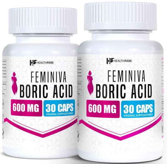 Healthfare Feminiva Boric Acid Suppositories | 2-Pack | 30 Vaginal Suppositories Each | 600mg | 100% Pure | Made in The USA - NutriGlobal