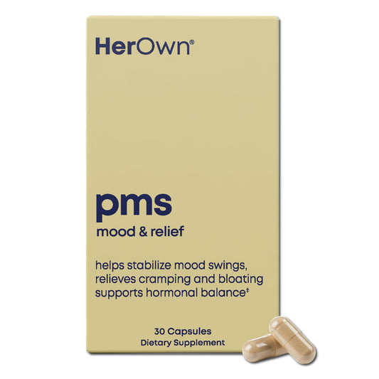 her own PMS, Supports PMS Symptoms, Promotes Positive Mood, Natural Hormone Balance, Helps Relieve Cramping, Hot Flashes Menopause Relief, Gluten and Soy Free, Vegan, 30 Capsules, 30 Servings - NutriGlobal