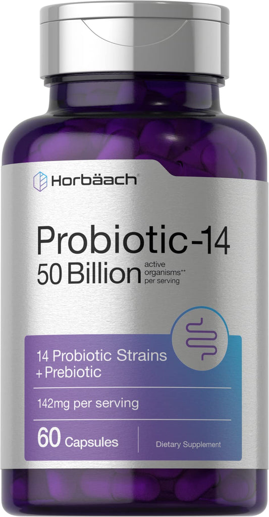 Horbäach Probiotics with Prebiotics | 60 Capsules | 50 Billion Active Organisms | Non-GMO - NutriGlobal
