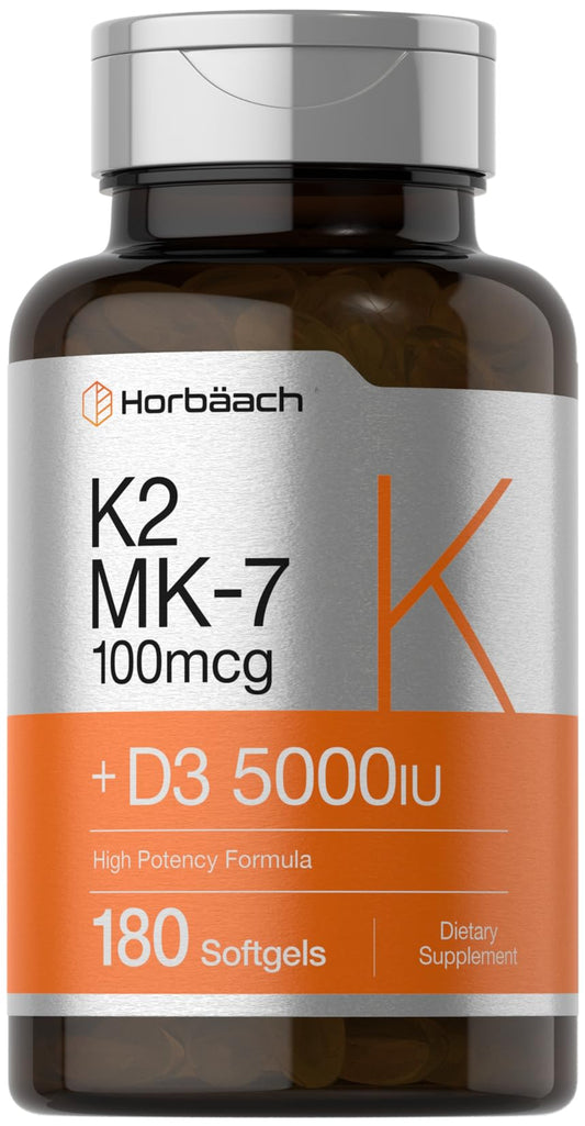 Horbäach Vitamin D3 K2 | 5000iu of Vitamin D & 100mcg MK-7 Complex | 180 Softgel Cap - NutriGlobal