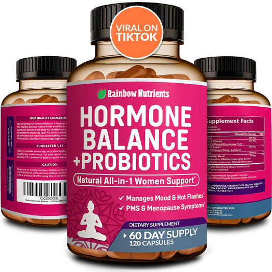 Hormone Balance + Probiotics for Women- Natural Menopause Relief, Weight Management, Bloating, Hot Flashes, PMS | Organic Maca, Chasteberry, Dong Quai & Black Cohosh | Non GMO |120 V Capsules - NutriGlobal