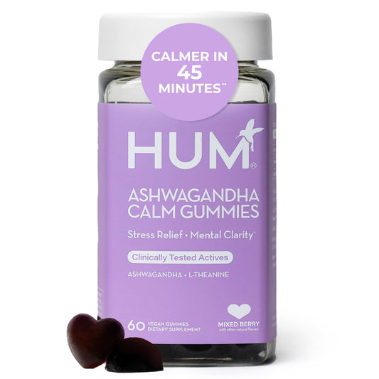 HUM Calm Ashwagandha Gummies for Women and Men, L-Theanine Ashwagandha Supplements for Daily Relaxation & Clarity Support, Vegan Fast Acting Gummy Formula, Mixed Berry Flavor, 60 Gummies - NutriGlobal