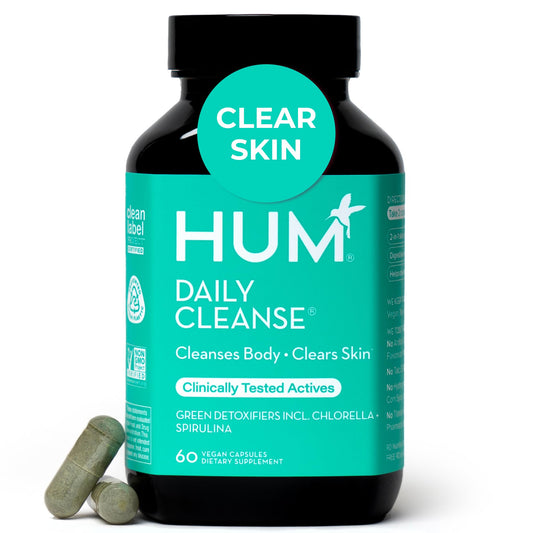 HUM Daily Cleanse Acne Supplements for Women & Men, Gentle Digestive Cleanse for Clear Skin Support, Zinc, Spirulina, Chlorella, Detoxifying Herbs, Organic Algae, Skin Vitamins Supplement, 60 Capsules - NutriGlobal