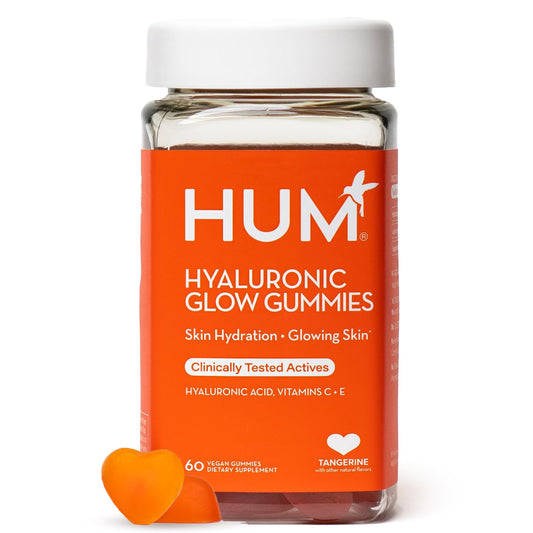 HUM Hyaluronic Glow Hydrating Skin Care Supplement, with Low Molecular Hyaluronic Acid, Vitamin C from Amla Fruit, and Vitamin E, Antioxidant Support for Skin Hydration, Tangerine, 60 Vegan Gummies - NutriGlobal
