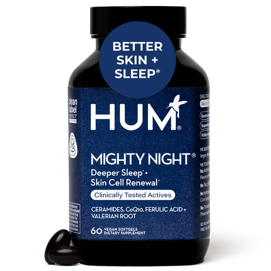 HUM Mighty Night Nighttime Sleep Supplement for Skin Care, CoQ10, Valerian Root & Ferulic Acid to Support Cell Turnover, Skin Vitamins for Women and Men, Overnight Beauty Vitamins, 60 Vegan Softgels - NutriGlobal