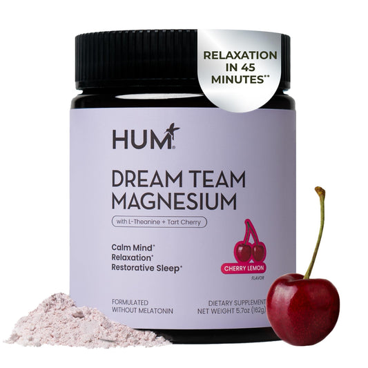 Hum Nutrition Dream Team Magnesium Bisglycinate Powder, L Theanine & Tart Cherry Magnesium Supplement Drink Mix, Support Rest, Relaxation & Sleep Routine, Gluten Free, Vegan, Cherry Lemon, 30 Servings - NutriGlobal