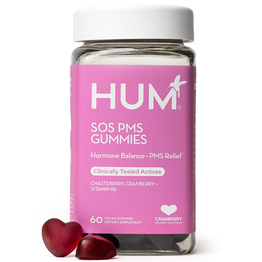 HUM Nutrition SOS PMS Gummies, PMS Support Supplement for Women, Support Cycle Symptoms, Bloating, Hormonal Balance, Includes Vitamin B6, Cranberry & Chasteberry Vitex, Gluten Free, 60 Vegan Gummies - NutriGlobal