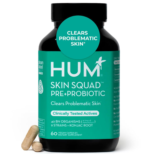 HUM Skin Squad Probiotics for Women and Men, Skin Care Supplement for Clear Complexion & Gut Health Support, Microbiome Prebiotic & Probiotic Supplement for Breakouts, Digestive Health, 60 Capsules - NutriGlobal