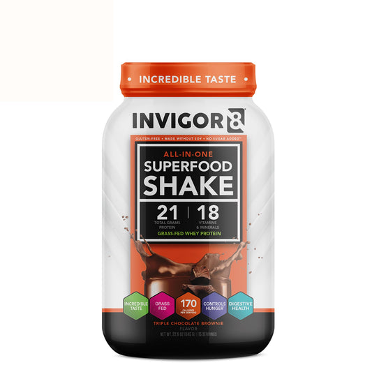 INVIGOR8 Superfood Grass Fed Whey Protein Isolate Shake Chocolate Brownie Gluten - NutriGlobal