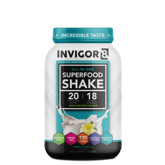 INVIGOR8 Superfood Grass Fed Whey Protein Isolate Shake French Vanilla Gluten-Free - NutriGlobal