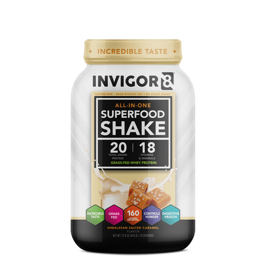INVIGOR8 Superfood Grass Fed Whey Protein Isolate Shake Himalayan Salted Caramel - NutriGlobal
