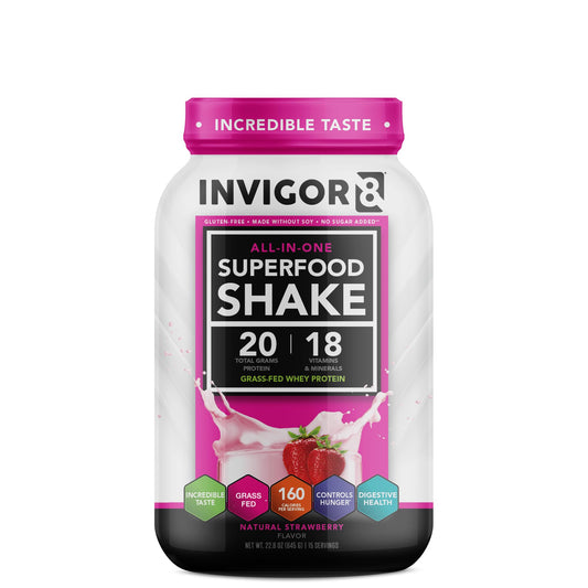 INVIGOR8 Superfood Grass Fed Whey Protein Isolate Shake Natural Strawberry Gluten-Free - NutriGlobal