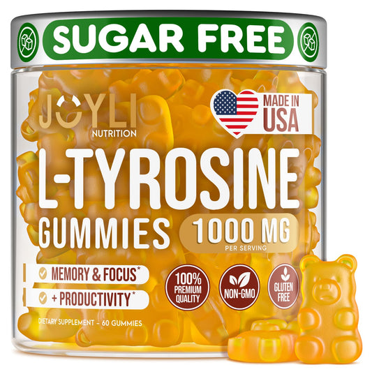 Joyli L Tyrosine Gummies 1000MG - L-Tyrosine Supplement for Kids & Adults - Calm & Focus Gummies for Brain, Memory, Mood, and Energy - 500mg L- Tyrosine Powder per Gummy - Vegan, Gluten-Free - NutriGlobal
