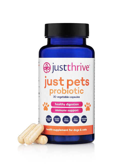 Just Thrive Just Pets Probiotic - Daily Digestive Probiotics for Dogs and Cats - 4 Billion CFUs Pet Probiotic, 30 Capsules - NutriGlobal