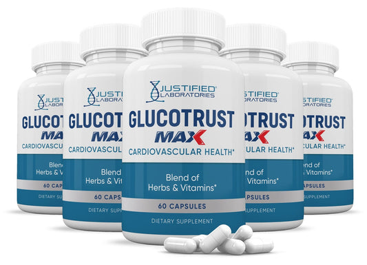 Justified Laboratories (5 Pack) Glucotrust Max 1295MG Formula Supplement Pills 300 cap - NutriGlobal