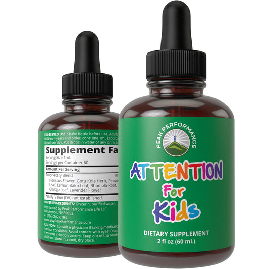 Kids Focus Drops. Attention Deficit Liquid Supplement for Concentration, Attention, Brain, Memory. No Bitter Taste. Natural Non-Habit Forming Sugar Free 7-in-1 Vegan Nootropic for Children, Teenagers - NutriGlobal