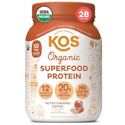 KOS Organic Vegan Protein Powder with 50mg Caffeine, Salted Caramel Coffee - NutriGlobal