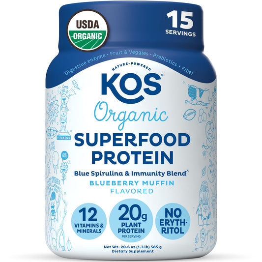 KOS Plant Based Protein Powder, Blueberry Muffin - Organic Pea Protein Superfood - NutriGlobal