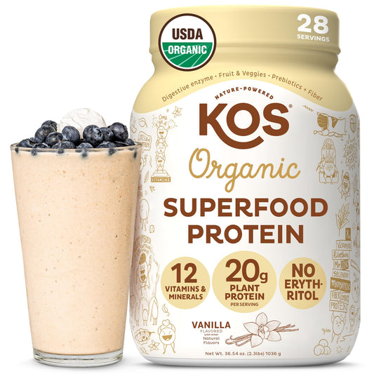 KOS Vegan Protein Powder Erythritol Free, Vanilla USDA Organic - Pea Protein Blend, Plant Based Superfood Rich in Vitamins & Minerals - Keto, Dairy Free - Meal Replacement for Women & Men, 28 Servings - NutriGlobal