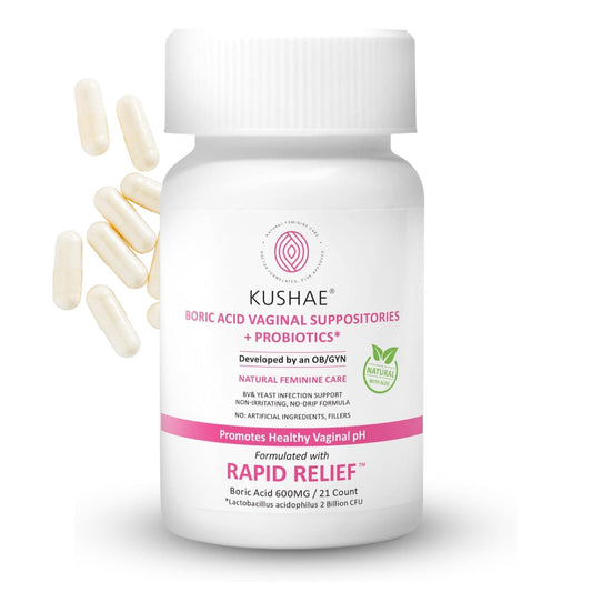 Kushae Boric Acid Suppositories + Rapid Relief, All Natural Female Suppositories with Probiotics & Aloe Vera, Relieves Discomfort & Balances pH Level Bottle Only 21 Capsules - NutriGlobal