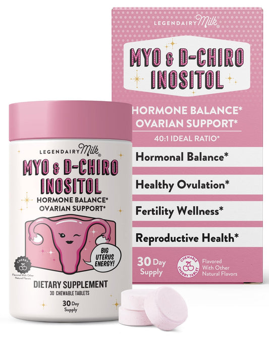 Legendairy Milk Myo-Inositol & D-Chiro Inositol Supplement for Women, 40:1 Ratio, PCOS & Fertility Support, Hormone Balance, Sugar Free Vegan Chewable Tablets, Cherry Flavor, 30 Day Supply - NutriGlobal