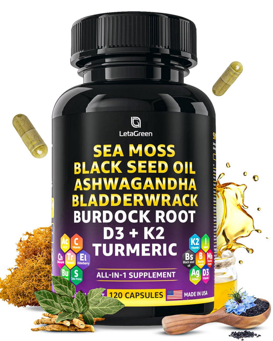 LetaGreen Ocean Wild Sea Moss Capsules - 120 Black Seed Oil Sea Moss Pills - NutriGlobal