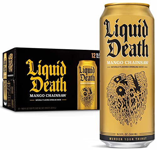Liquid Death Flavored Sparkling Water with Agave, Mango Chainsaw, 16.9 oz Tallboys - NutriGlobal