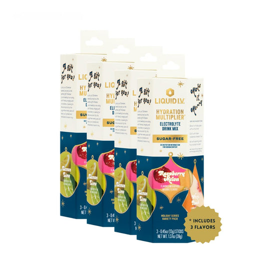 Liquid I.V.® Hydration Multiplier Sugar-Free - Variety Pack Stocking Stuffer - Raspberry Melon, Lemon Lime, and White Peach - 4 Pack (12 Sticks) - NutriGlobal