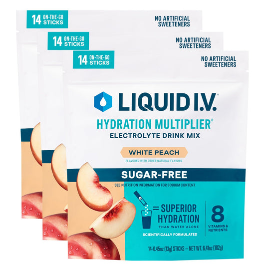 Liquid I.V.® Hydration Multiplier® Sugar-Free - White Peach - Hydration Powder Packets | Electrolyte Powder Drink Mix | Convenient Single-Serving Sticks | Non-GMO | 14 Servings (Pack of 3) - NutriGlobal