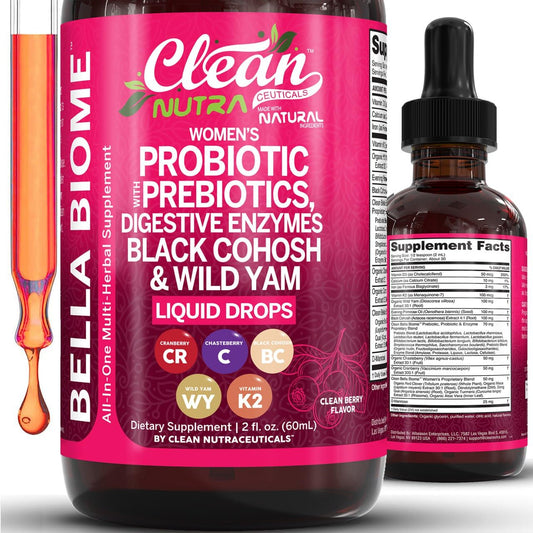 Liquid Probiotics for Women Drops with Chasteberry, Black Cohosh, Prebiotics, Digestive Enzymes, Evening Primrose Oil, Wild Yam, Cranberry Dmannose and Iron Vitamin D3 K2 Clean Nutra Bella Biotics - NutriGlobal