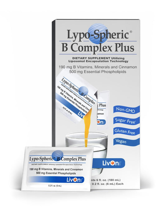 LivOn Laboratories Lypo–Spheric B Complex Plus – 30 Packets – 195 mg B Vitamins, Minerals & Cinnamon Per Packet – Liposome Encapsulated for Improved Absorption – 100% Non–GMO - NutriGlobal