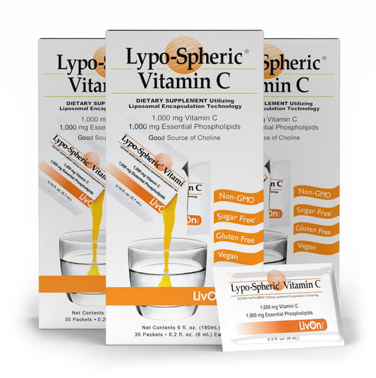 LivOn Laboratories Lypo–Spheric Vitamin C – 3 Cartons (90 Packets) – 1,000 mg Vitamin C & 1,000 mg Essential Phospholipids Per Packet – Liposome Encapsulated for Improved Absorption – 100% Non–GMO - NutriGlobal