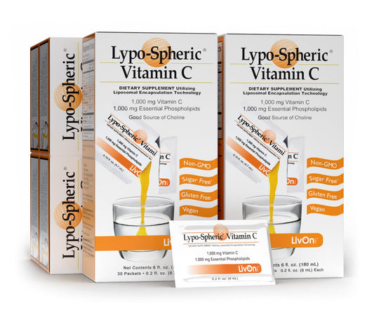 LivOn Laboratories Lypo–Spheric Vitamin C – 6 Cartons (180 Packets) – 1,000 mg Vitamin C & 1,000 mg Essential Phospholipids Per Packet – Liposome Encapsulated for Improved Absorption – 100% Non–GMO - NutriGlobal