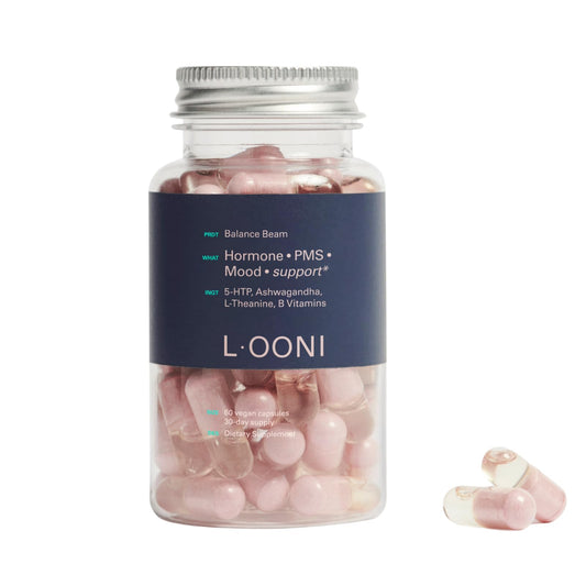 LOONI PMS Relief Balance Beam Supplement for Women – Hormone Balance for Menopause, B12, Omega-6, Zinc & Nootropics – Supports Mood Swings, Cramps, Cravings – 60 Vegan Capsules - NutriGlobal