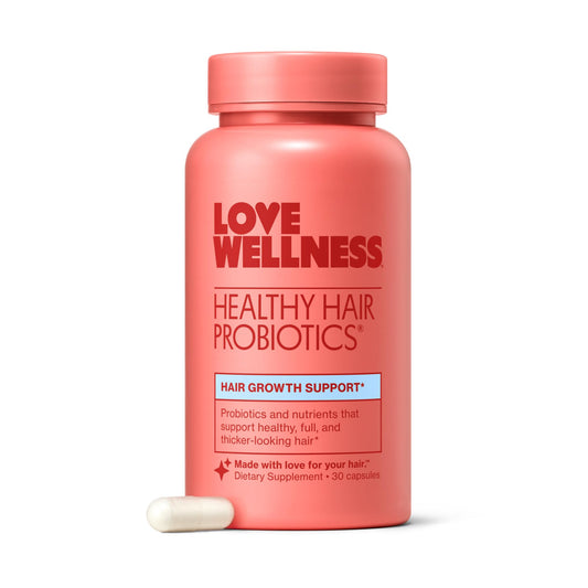 Love Wellness Healthy Hair Probiotics | Support Hair Growth with Biotin and Vitamin B12 & B6 | Supplement for Healthy Scalp & Thicker, Fuller Looking Hair | Safe & Effective | 30 Capsules - NutriGlobal