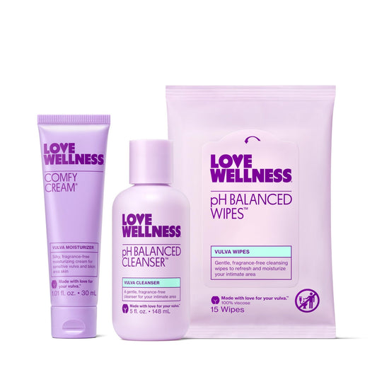 Love Wellness Skincare for Down There Bundle | Gentle pH Balancing Cleanser, Moisturizing Comfy Cream & Refreshing Wipes | Feminine Care for pH Balance, Dry & Sensitive Vulva | Fragrance-Free - NutriGlobal