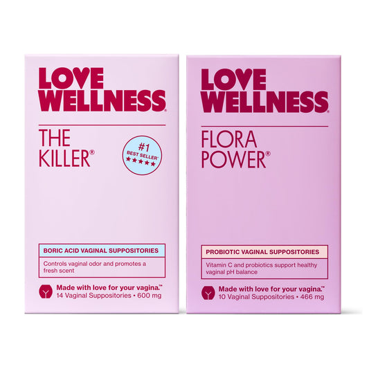 Love Wellness The Killer & Flora Power | Vaginal Suppository Duo with Boric Acid, Probiotics & Vitamin C | Supports pH Balance, Odor Control & Feminine Health | Fragrance-Free, Non-GMO & Paraben Free - NutriGlobal