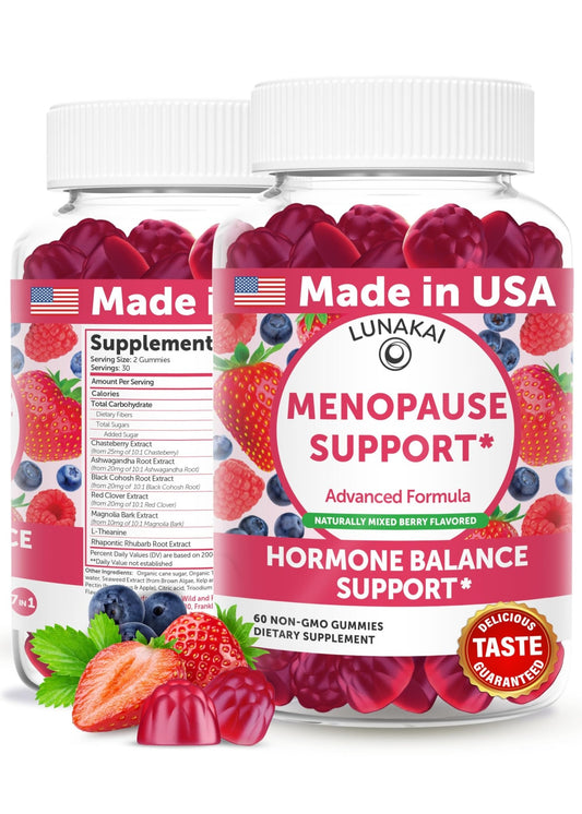 LUNAKAI USA Made Menopause Relief Gummies – Natural Menopause Supplements for Women with Black Cohosh & L-Theanine – Daily Support for Hot Flashes, Night Sweats & Hormonal Balance, 60ct - NutriGlobal