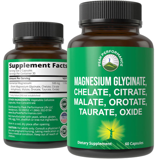 Magnesium Glycinate + Citrate + Malate + Chelate + Orotate + Taurate + Oxide. 7 Forms of Magnesium Complex. 500mg Supplement Capsules for Women & Men. 2 Pills for Sleep, Leg Cramps, Muscles - NutriGlobal