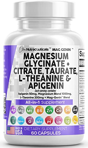 Magnesium Glycinate Complex 1000mg with L-Theanine 200mg Apigenin 50mg Citrate Taurate Supplement - 5-HTP GABA Passion Flower Lemon Balm L-Glycine Phosphatidylserine Ashwagandha - USA Made Clean Nutra - NutriGlobal
