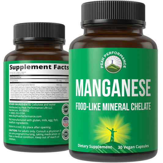 Manganese Supplement Food Like Mineral Chelated for Superior Absorption with Whole Food Blend of 25+ Fruits & Vegetables. Pure Trace Mineral Capsules for Connective Tissue, Bone Health, Enzyme Support - NutriGlobal