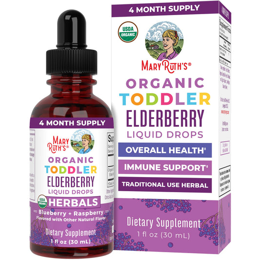 MaryRuth Organics Toddler Elderberry Syrup, USDA Organic Elderberry, Sugar Free Kids Immune Support Supplement for Ages 1-3 Years, Clean Label Project Verified®, Vegan, Non-GMO, Gluten Free, 1 Fl Oz - NutriGlobal