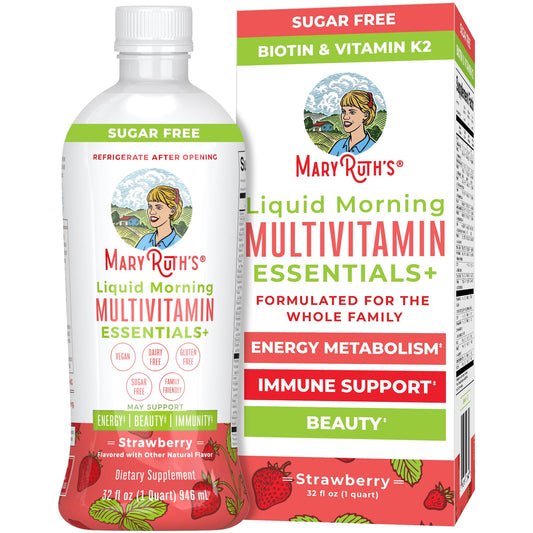 MaryRuth's Liquid Morning Multivitamin Essentials+ | Vitamin A C D E B6 B12 K2 Biotin Zinc | Mens Womens Multivitamin | Immune Support | Beauty | Sugar Free | Vitamins for Ages 1+ | Vegan | 32 Fl Oz - NutriGlobal