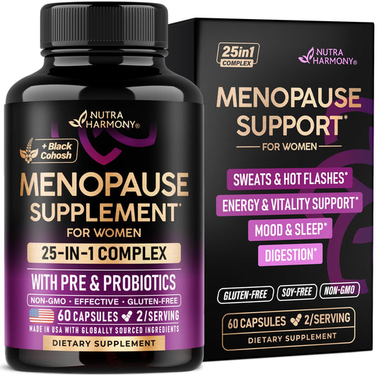 Menopause Supplements for Women - Dong Quai, Black Cohosh, Pre & Probiotics - Sweats & Hot Flashes Relief - Digestion, Sleep & Mood Support - 25-in-1 Perimenopause Complex - NutriGlobal