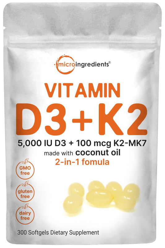 Micro Ingredients Vitamin D3 5000 IU Plus K2 (MK-7) 100 mcg, 300 Virgin Coconut Oil Softge - NutriGlobal