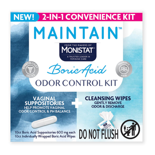 Monistat Maintain Boric Acid Odor Control Kit, 10 Feminine Wipes & 10 Boric Acid Suppositories for Women, Fragrance-Free and Non-Irritating pH Balanced Formulas to Control Vaginal Odor - NutriGlobal