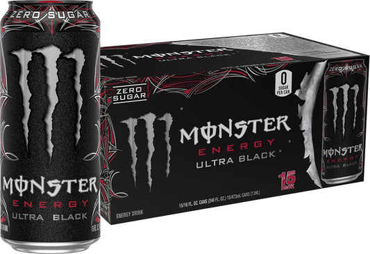 Monster Energy Ultra Black, Sugar Free Energy Drink, 16 Ounce (Pack of 15) - NutriGlobal